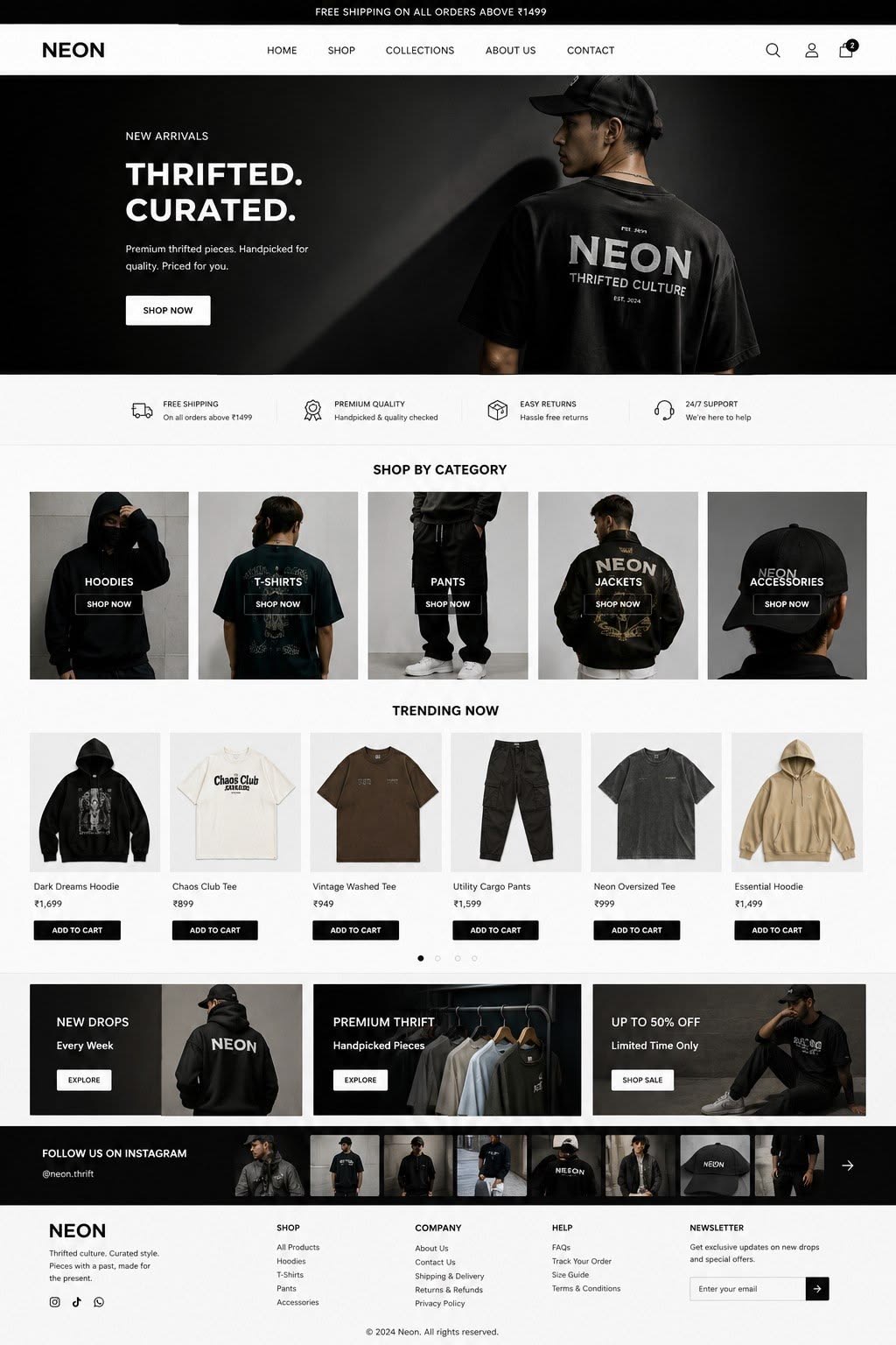 Example clothing and streetwear dropshipping store homepage